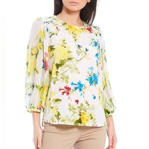 Calvin Klein floral flouncy semi sheer floral long sleeve blouse